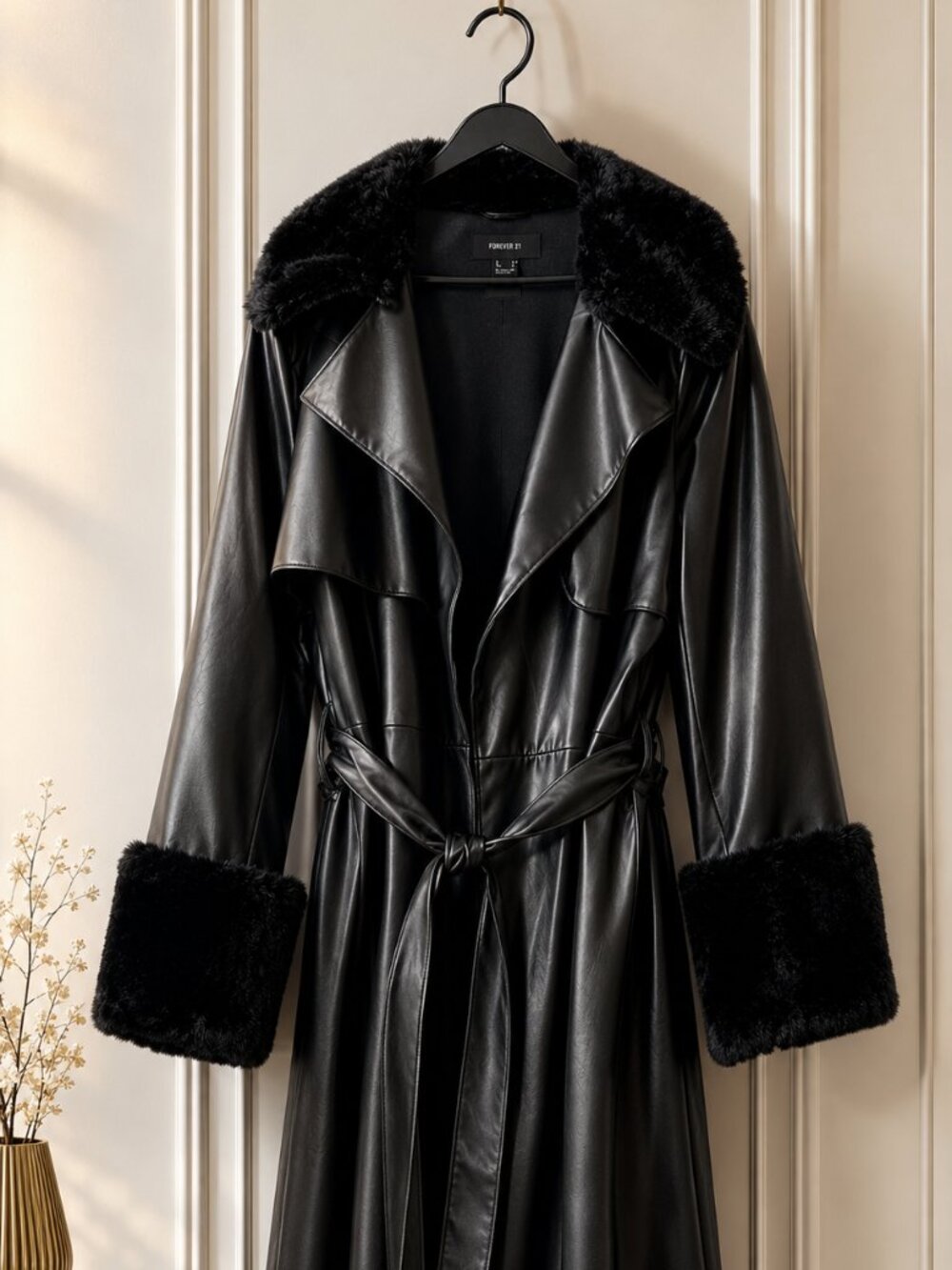 Forever 21 Black Faux Leather Trench Coat with Faux Fur Trim | Luxe Matrix Vibe